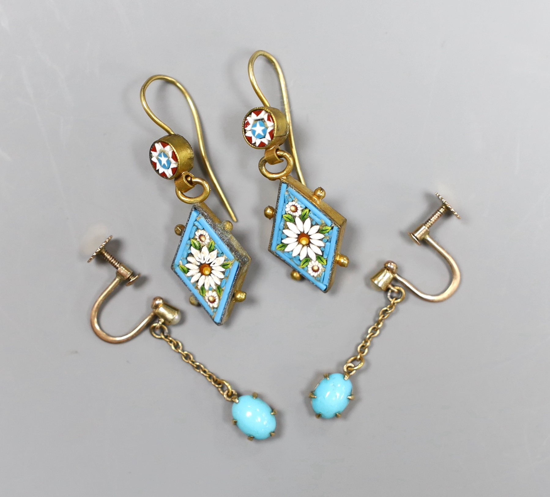 A pair of early 20th century 9ct gold seed pearl and turquoise drop earrings, 2.5cm and a pair of gilt metal and micro-mosaic earrings